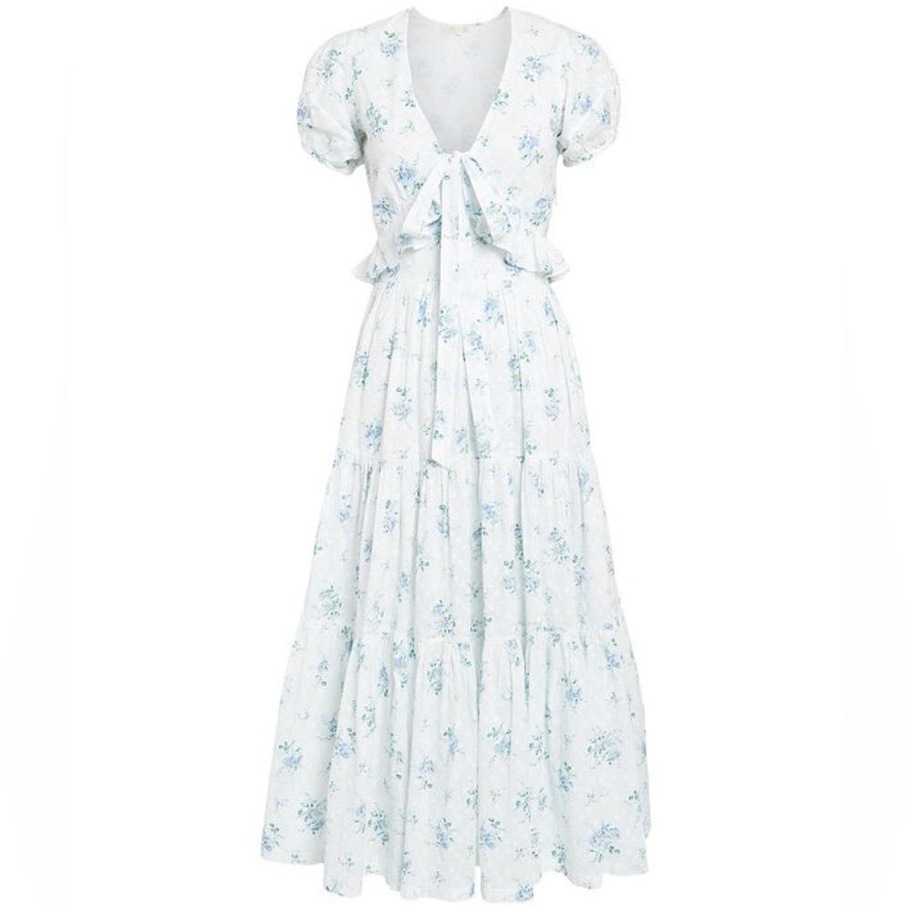 LOVESHACKFANCY CARLTON FLORAL MIDI DRESS WHITE BLUE SZ 0 PERFECT CONDITION